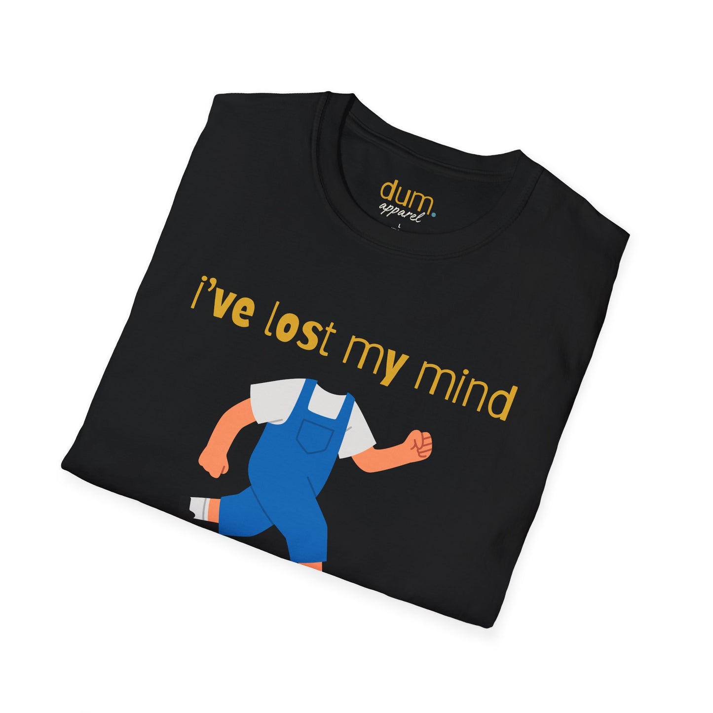 Black t-shirt with yellow text and cartoon character on a white background