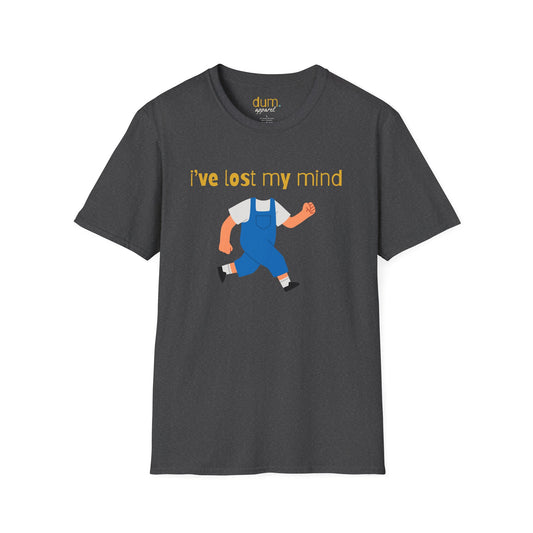 Gray t-shirt with graphic design and text 'I've lost my mind' on a white background