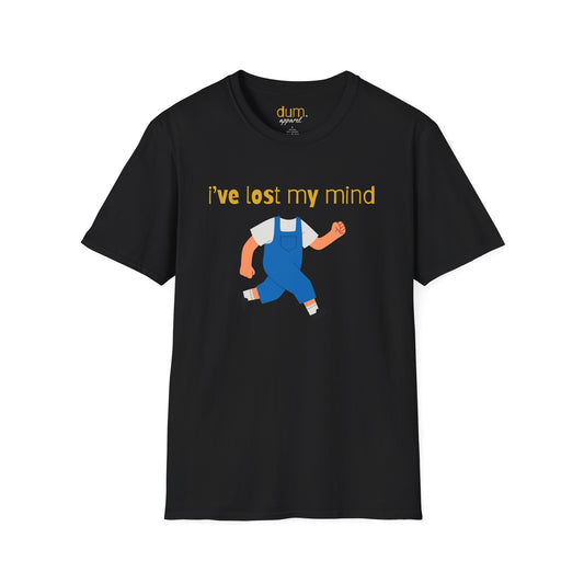 Black t-shirt with graphic design and text 'I've lost my mind' on a white background